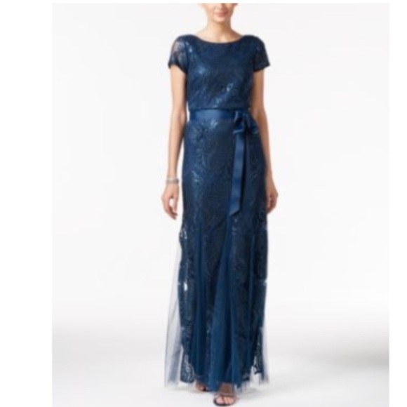 Adrianna Papell Dresses & Skirts - Adrianna Papell “Deep Blue”Damask Sequined Gown with Sash Short Sleeve Size 4